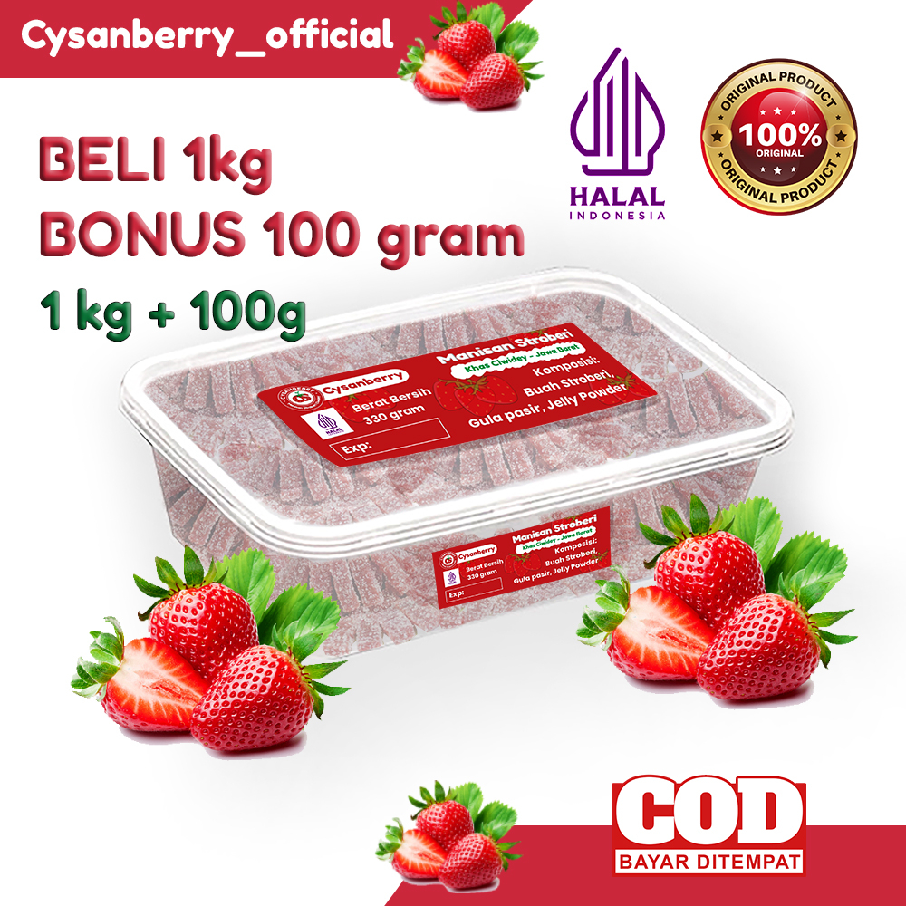 BELI 1kg BONUS TESTER Manisan Buah Stroberi Original / Manisan Strawberry Premium (1kg + Bonus)