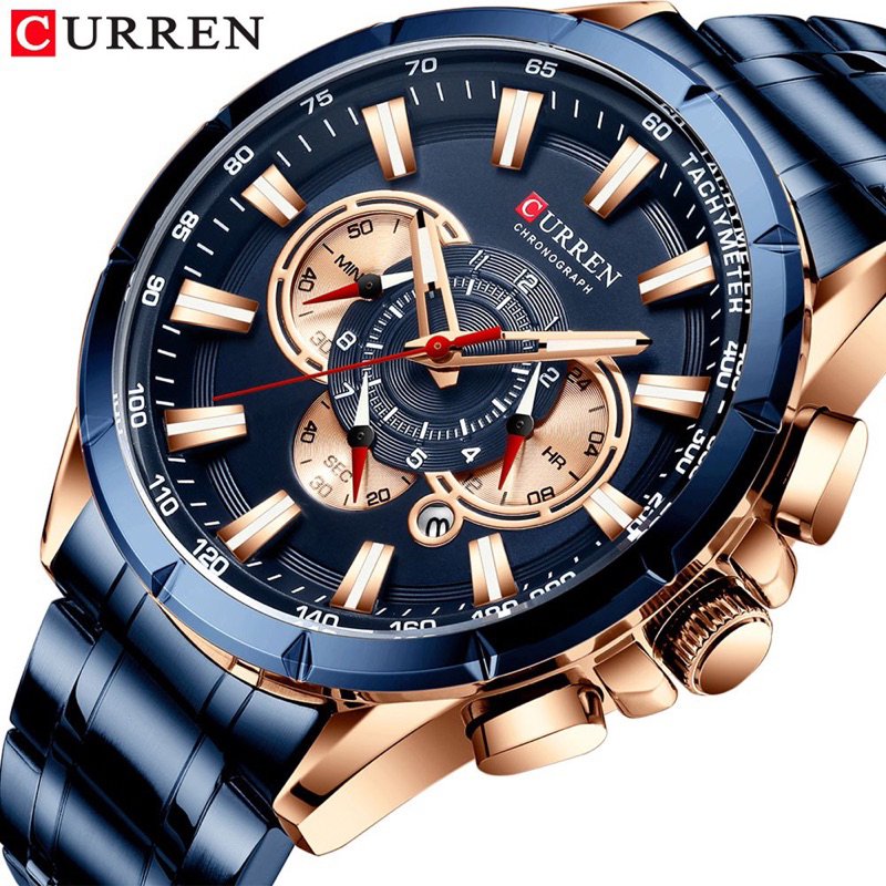 CURREN 8363 Jam Tangan Pria Analog Stainless Steel Chronograph Aktif Luminous Hand