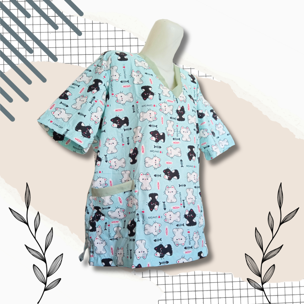 BAJU PRAKTEK DOKTER HEWAN WARNA HIJAU TOSCA TURQUOISE MOTIF KUCING MEOWCAT VET SCRUB MOTIF KUCING MO