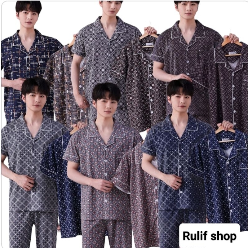 Rulif Baju Tidur Piyama Pria lengan pendek katun tebal/Piyama Baju Tidur Pria Dewasa