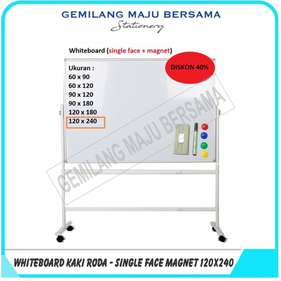 Whiteboard / Papan Tulis + Kaki Roda 120cm x 240cm ( Singleface / Magnet)