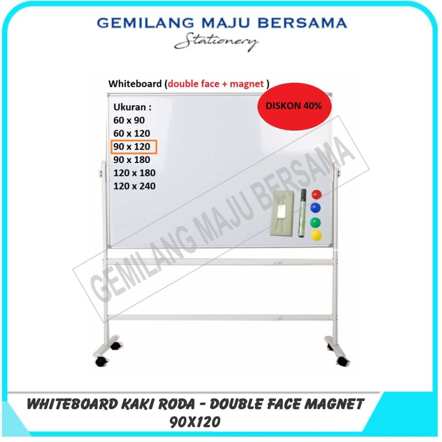 

Whiteboard / Papan Tulis + Kaki Roda 90cm x 120cm ( Double face / Magnet)