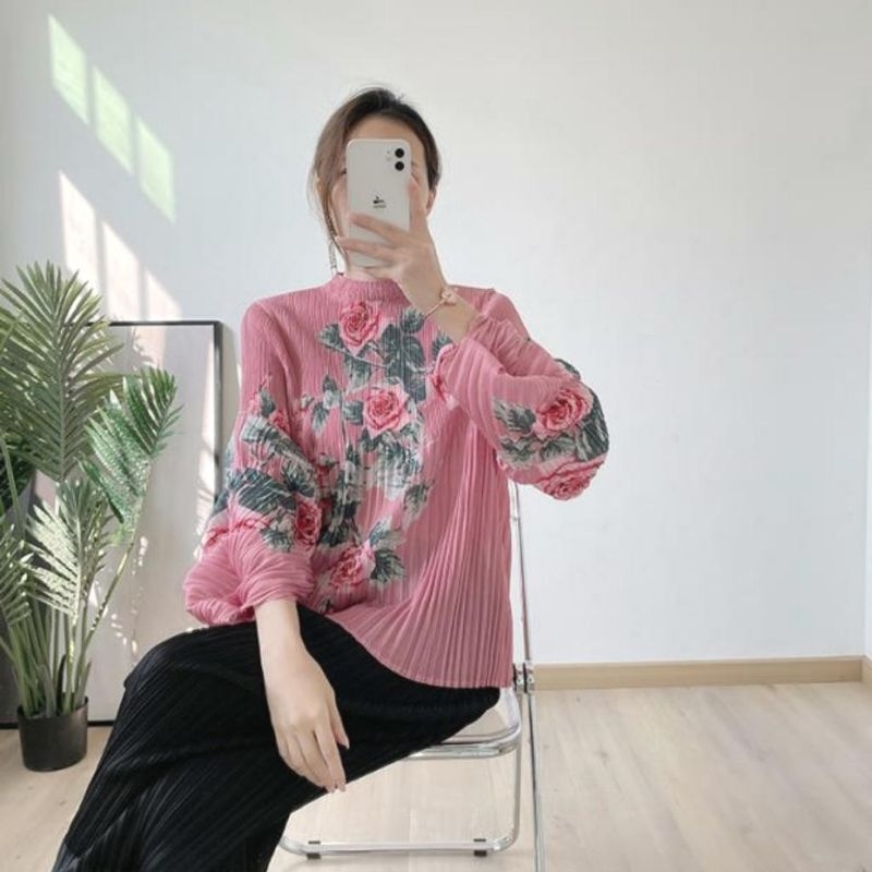 2449 Atasan baju blus blouse kemeja lengan panjang plisket cantik murah simpel elegan koreanlook gay