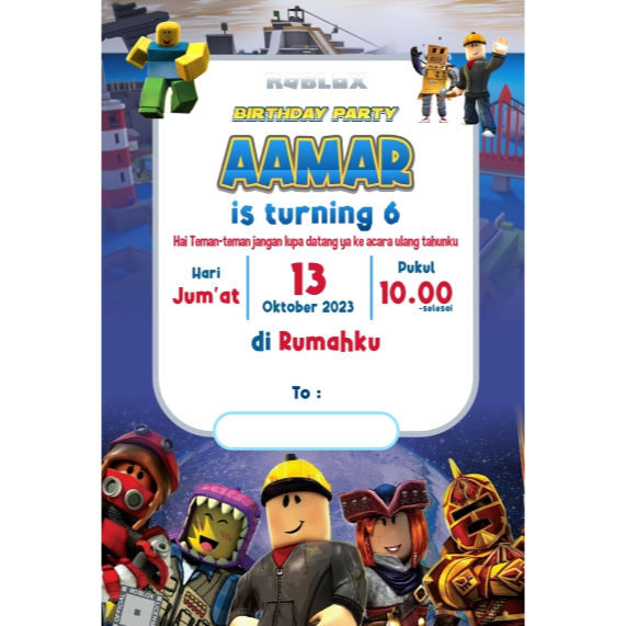 Undangan Ulang Tahun Anak Game Kartun Roblox Lego karakter Keren Custom Murah Laki laki perempuan