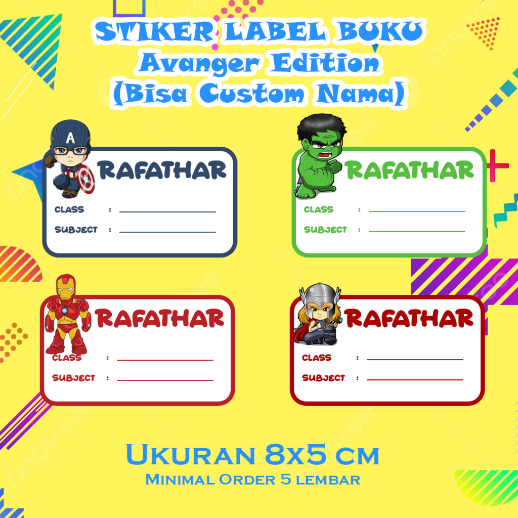 

STICKER NAMA BUKU SEKOLAH CUSTOM AVANGER MINIMAL ORDER 5 LEMBAR /STICKER NAMA ANAK/STICKER MATA PELAJARAN/STIKER KARAKTER