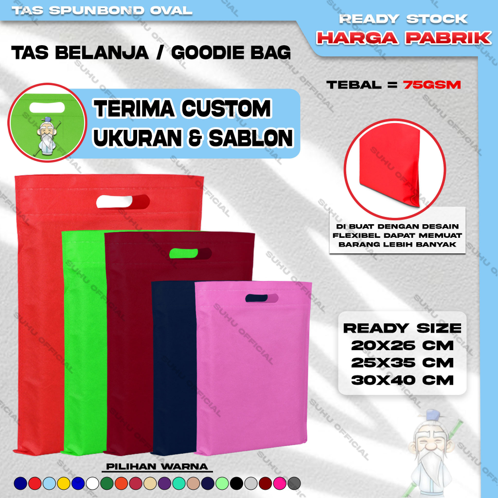 

❤️SUHU❤️ Goodie Bag Tas Belanja Spunbond Model Oval Dcut Ukuran 20x26 Kantong Kain Souvenir