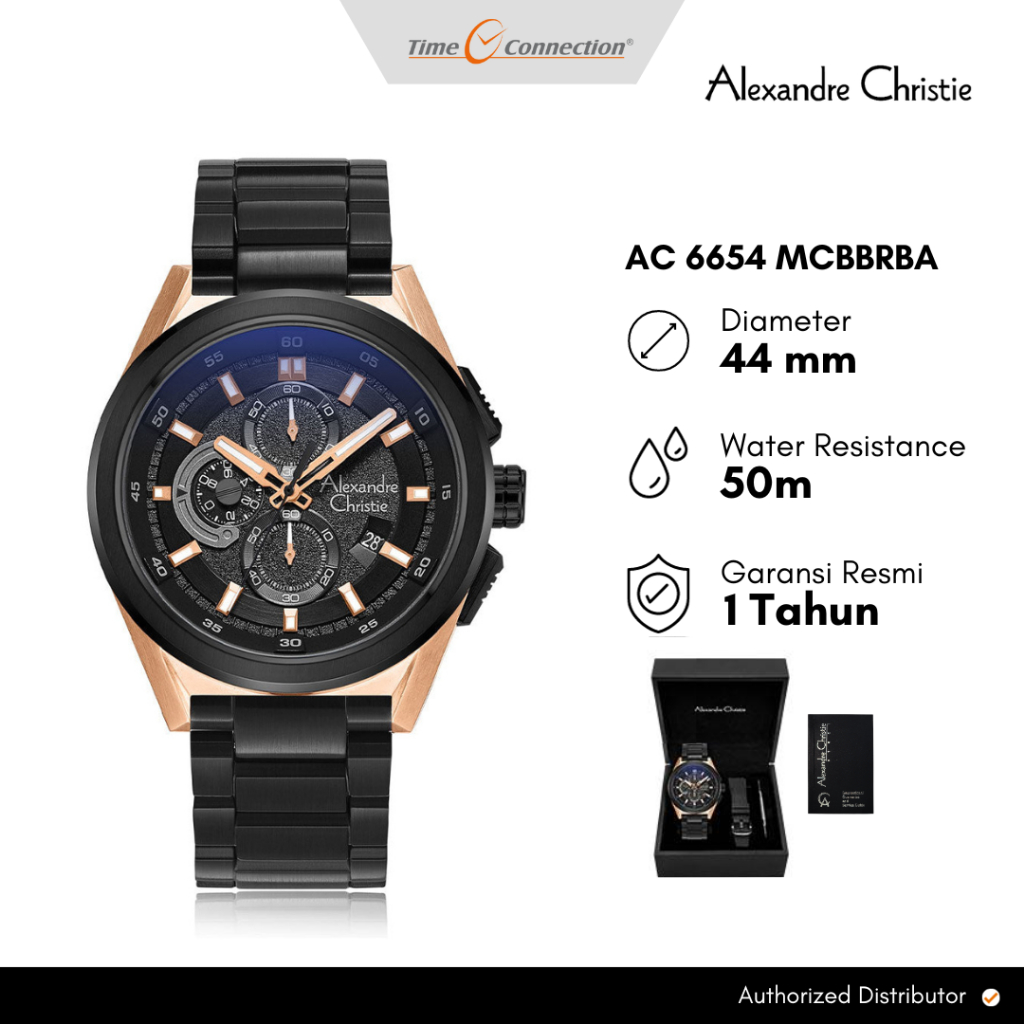 Alexandre Christie AC 6654 MCBBRBA Hitam Rosegold Original / Jam Tangan Pria Rantai Stainless Steel 
