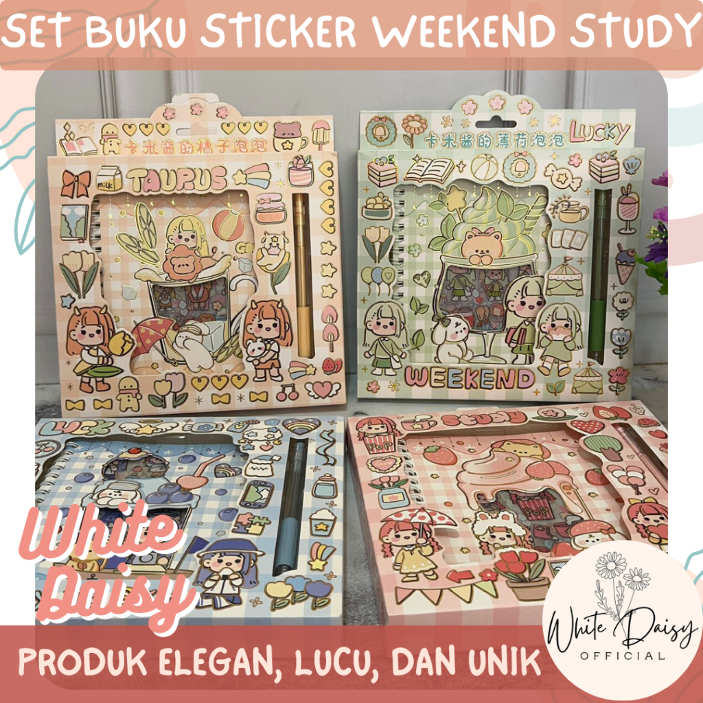 

Set buku sticker + pulpen weekend study hard premium lucu lucky sky