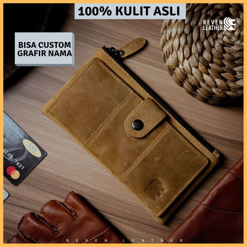 REVEN LEATHER - Dompet Kartu Lipat Panjang Pria Bifold Wallet Bahan Kulit Sapi Asli Crazy Horse 100%
