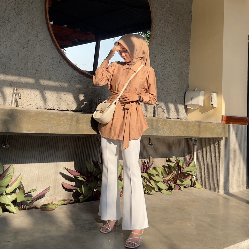 Alya Shirt - Blouse polo linen kemeja wanita / kemeja kekinian - bisa COD Baju Panjang