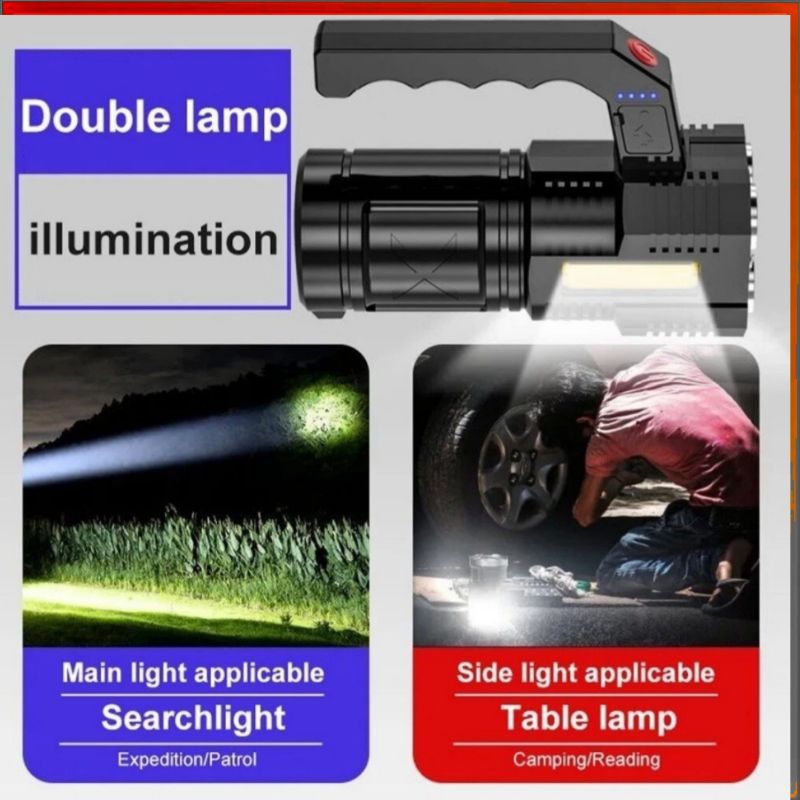 SENTER 4 LED MULTI FUNGSI SUPER TERANG GAGANG RECHARGE SENTER COB TAHAN LAMA DAN TAHAN AIR LS09