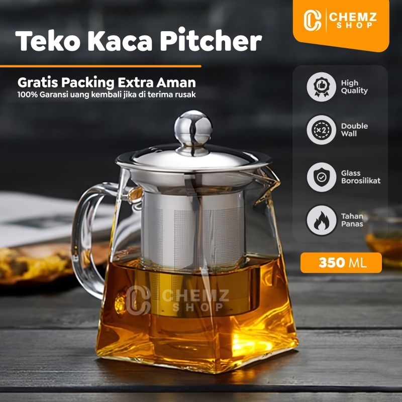 TEKO KACA SARINGAN TEH TAHAN PANAS DAN API TEKO KACA TEH PITCHER BOROSILIKAT DENGAN SARINGAN