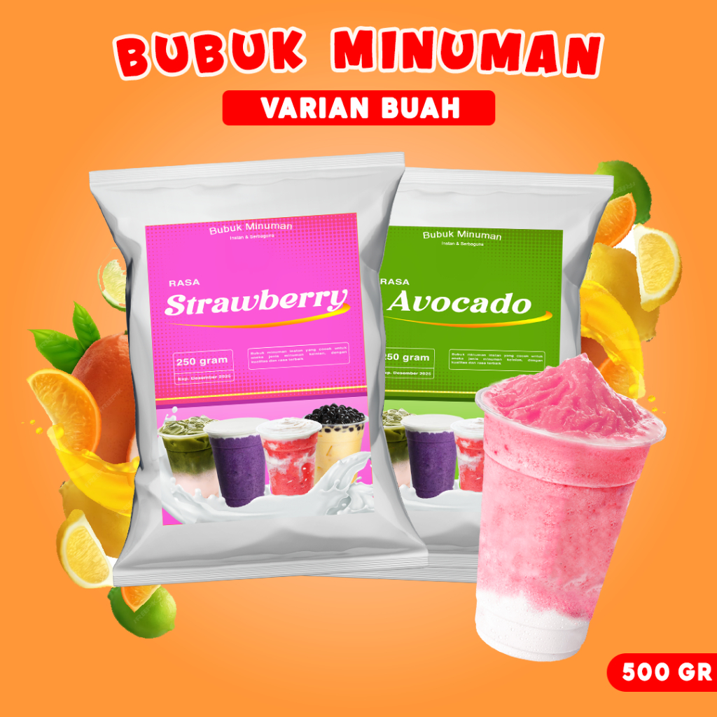 

BUBUK MINUMAN RASA 500G / BUBUK MINUMAN ANEKA BUAH / SERBUK MINUMAN 500G / BUBUK MINUMAN BOBA / BUBUK MINUMAN KEKINIAN 500G / SERBUK MINUMAN KEKINIAN