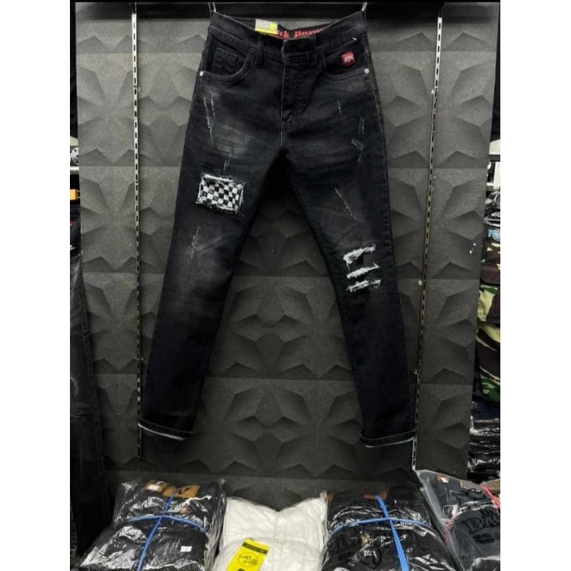 Celana Jeans Panjang Sobek Sobek Tambal Kotak Catur Pria/Celana Jeans Panjang Sobek