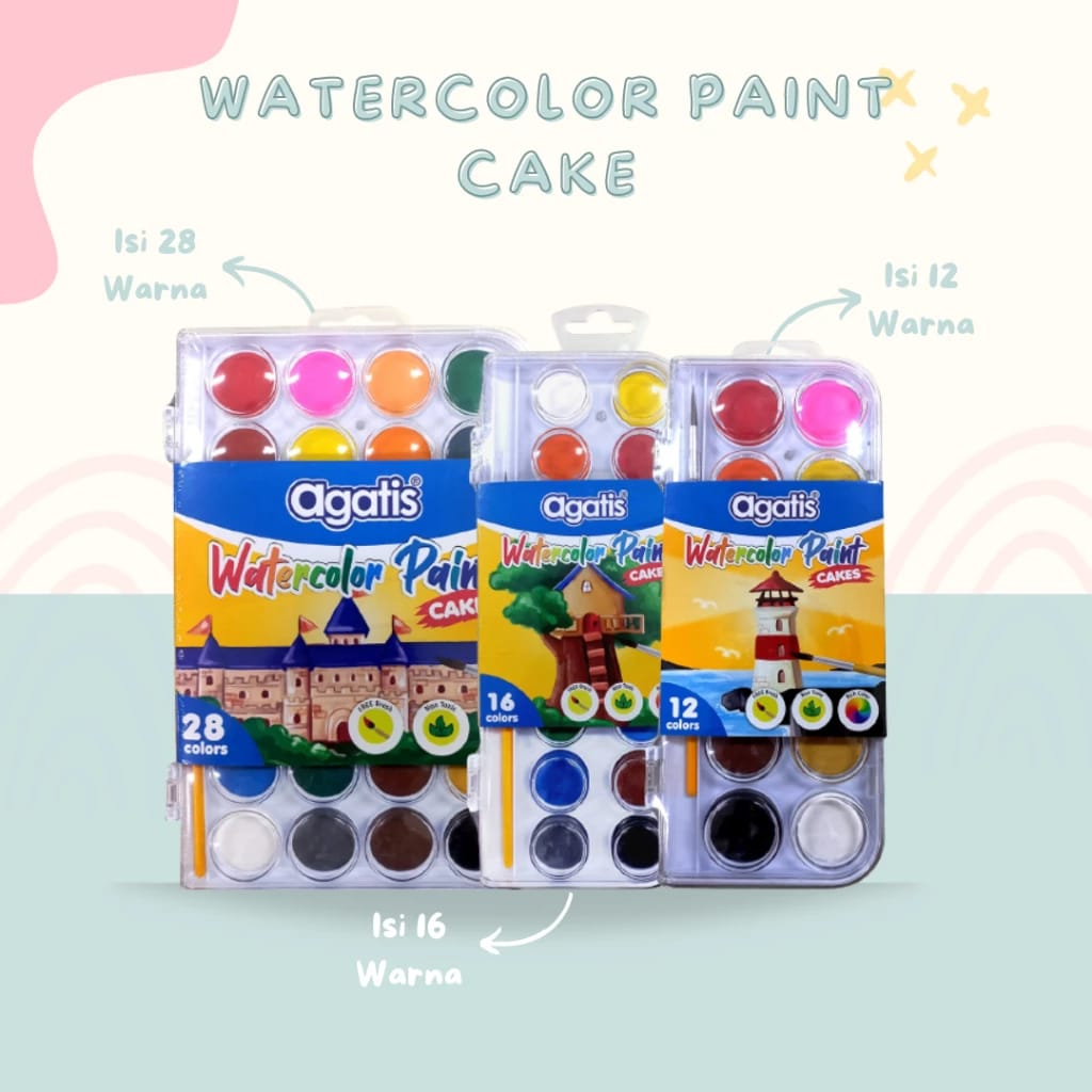

WATER COLOR PAINT CAKE AGATIS ECO 28 COLORS SOLID SET IN HANGER PLASTIC BOX