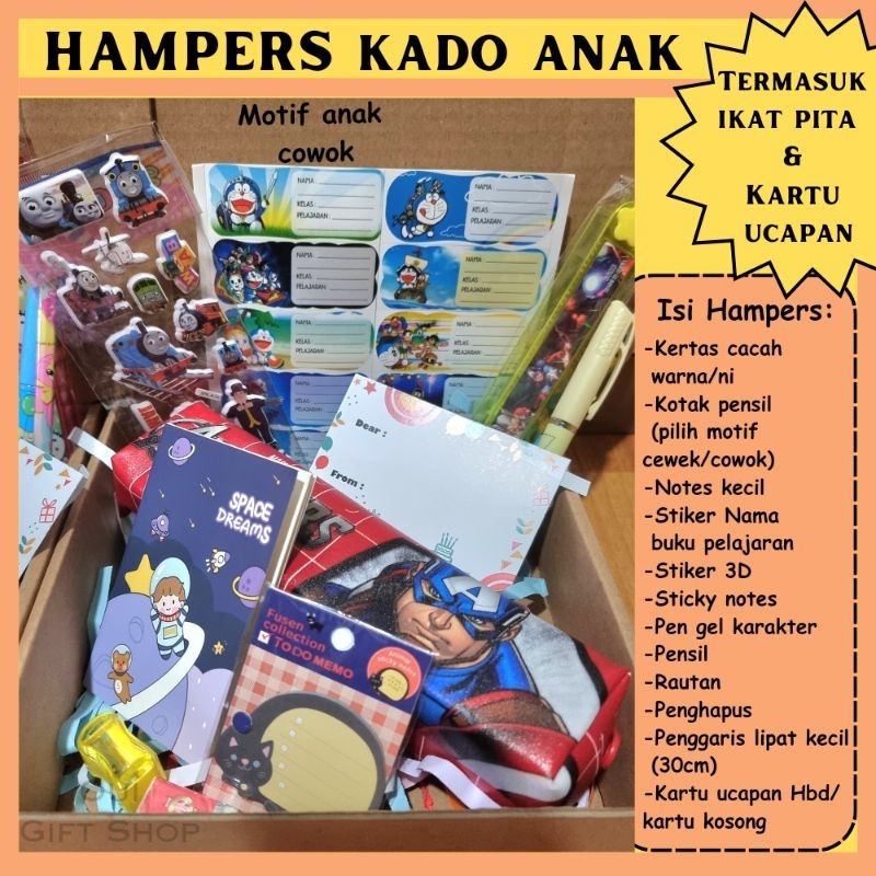 

Hampers Ulang Tahun Anak / Kado Ultah Anak Perempuan / Hadiah buat Anak Laki - Laki / Kotak Pensil Set Lengkap / Alat Tulis Sekolah / Stiker Anak 3D / Gift Box Murah