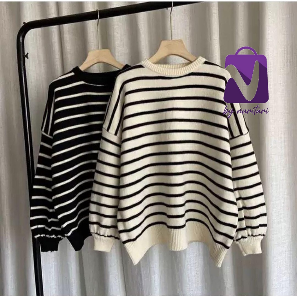 BAYONETA STRIP KNIT WANITA LEHER TURTLENECK TERBARU ATASAN RAJUT TANGAN BALON