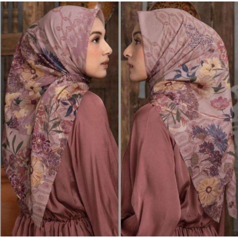Hijab segiempat motif bunga  pink salem krudung voal premium