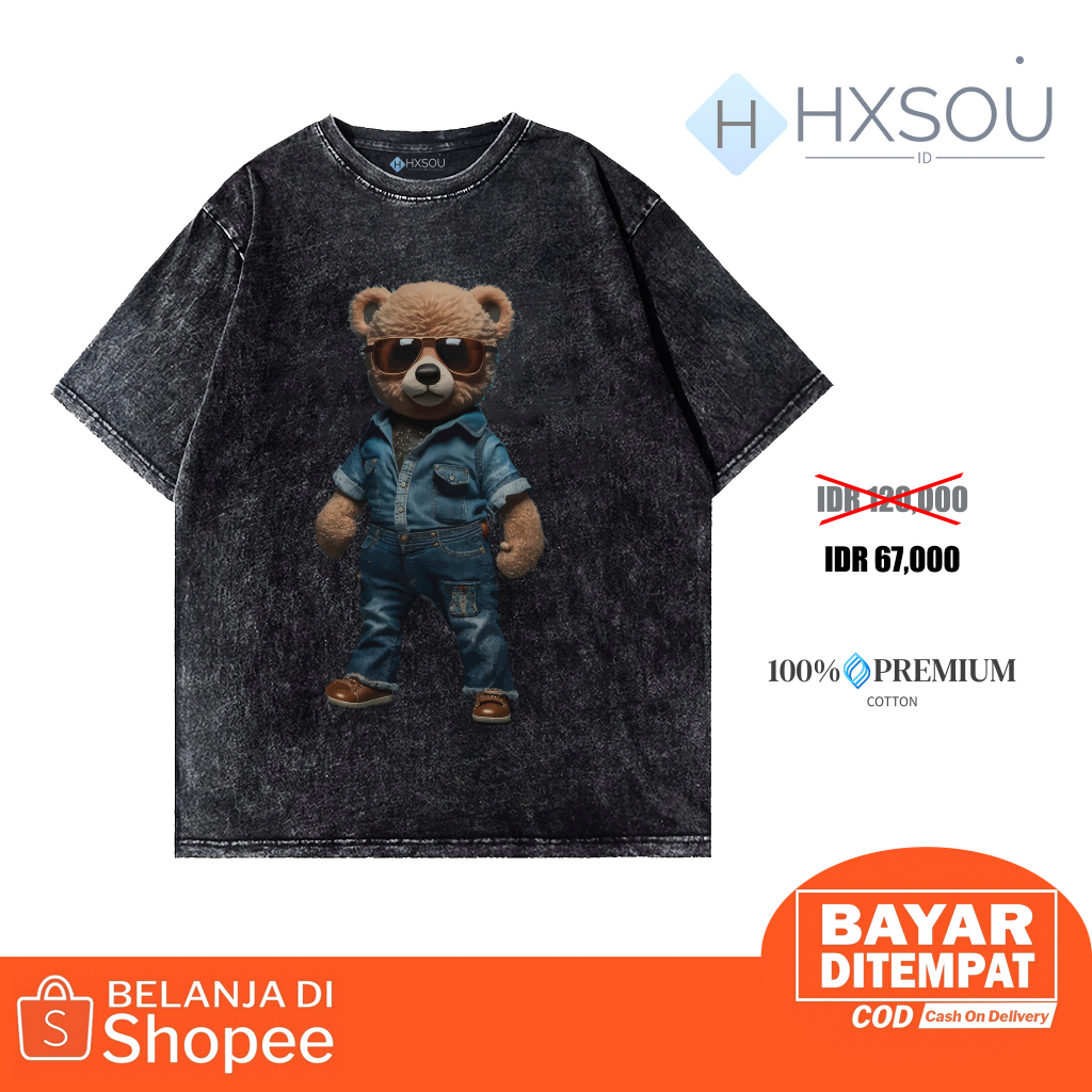 Hxsou T-shirt Oversize Unisex Washed / Baju Kaos Oversize Wash Bear C23