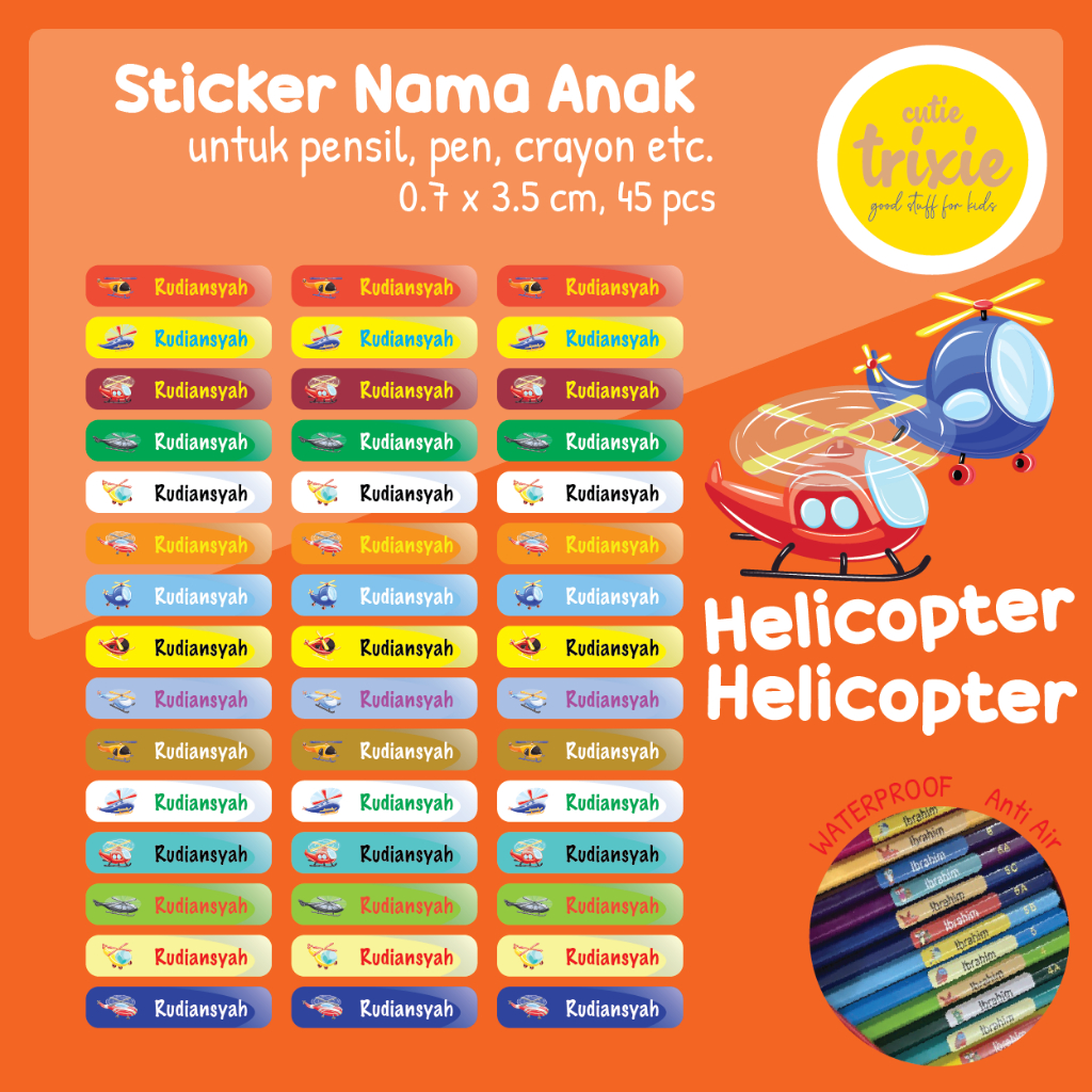 

Sticker label nama anak untuk pensil pen crayon Helicopter