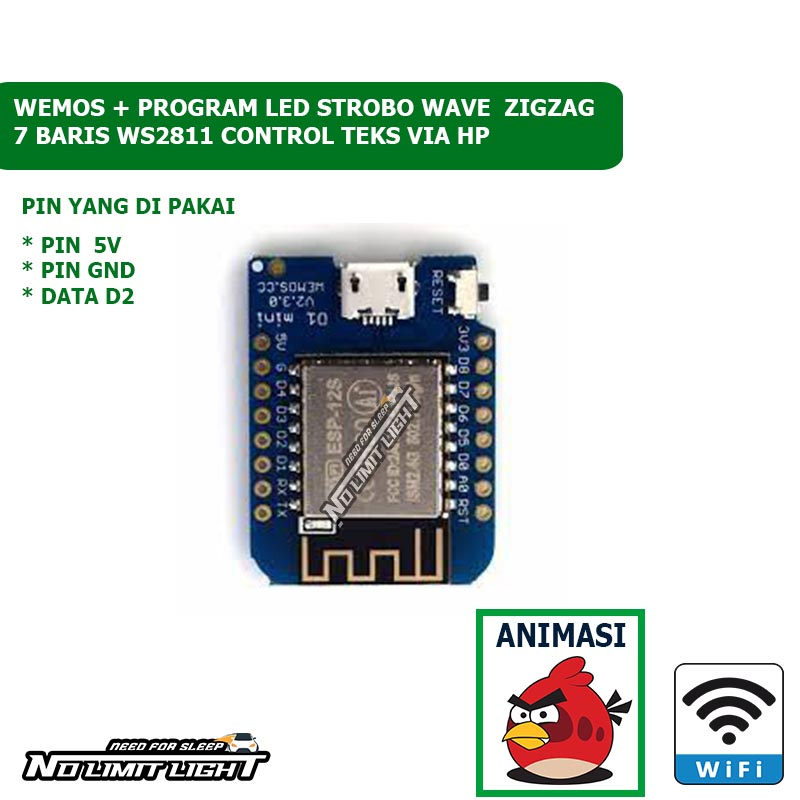 Chip Wemos Modul LED Strobo Wave Kaca Mobil Teks WI-FI 7 Baris Ubah Teks Via Android Animasi Angrybi