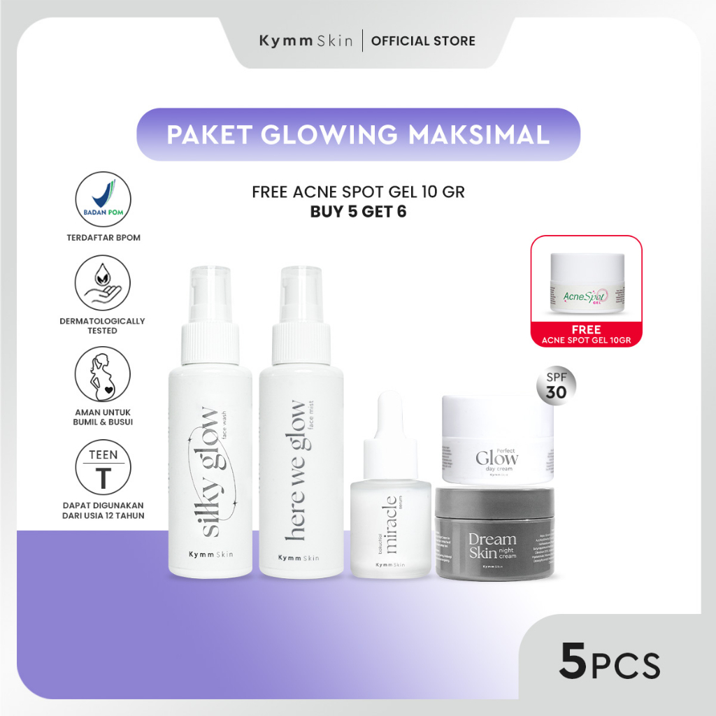 KYMM SKIN Paket Glowing Premium + Free Acne Spot Gel [Face Wash, Day Cream 10GR, Face Mist, Bakuchio