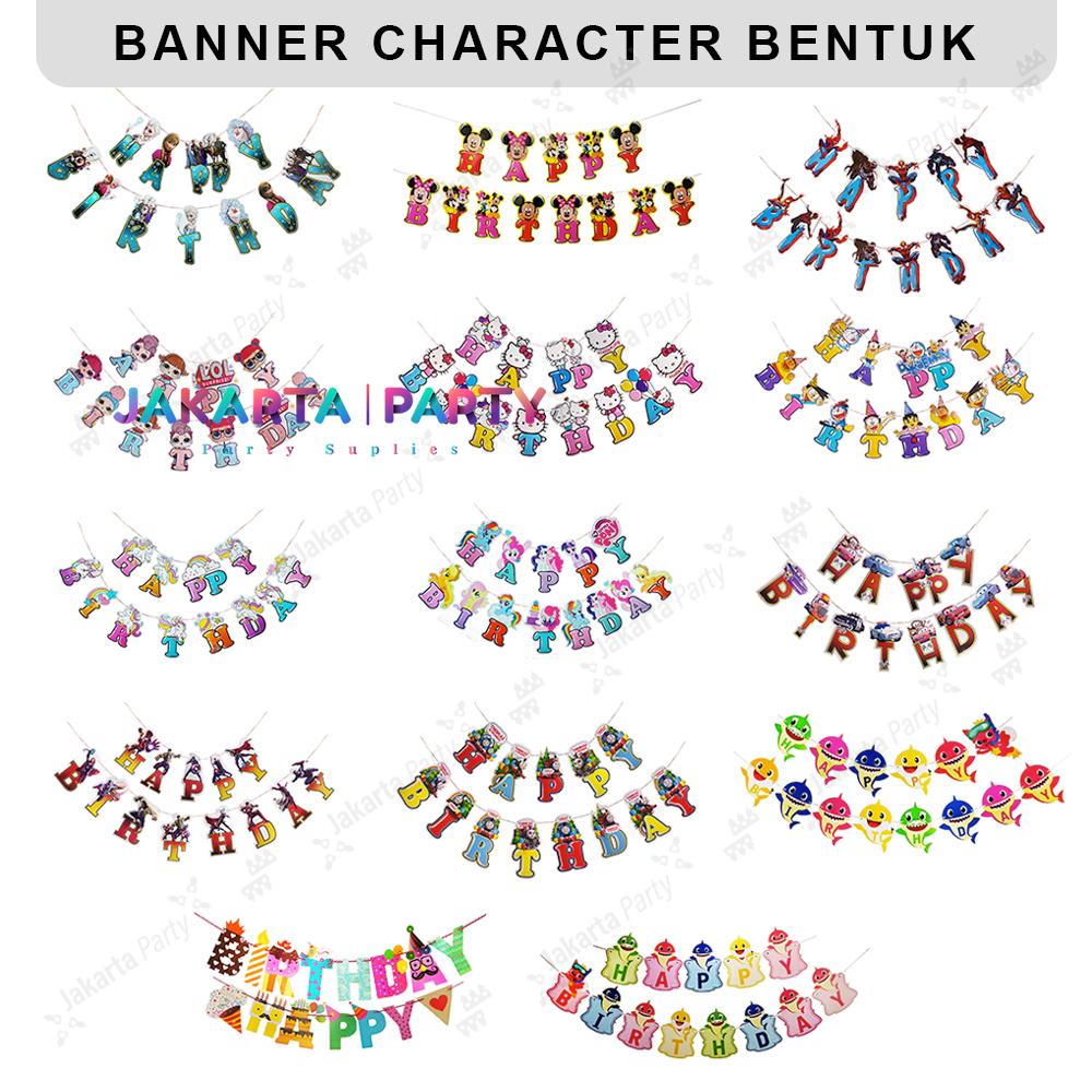 Banner Happy Birthday Karakter #2 / Banner HBD Motif / Party Flag HBD
