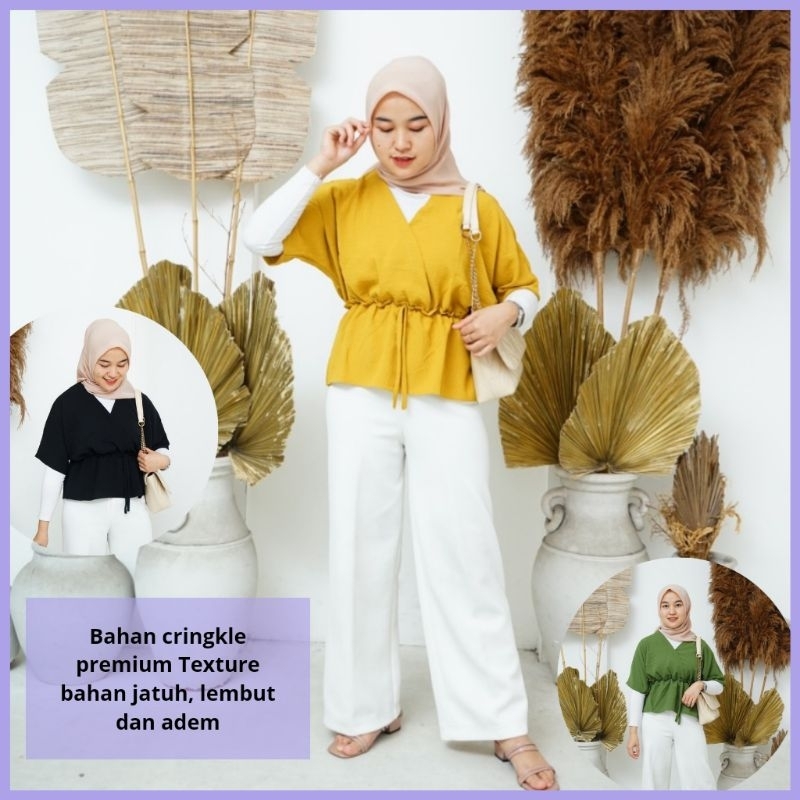 Baju Atasan Wanita Tangan Pendek Crop Serut Flower Blouse Blus Tali Pinggang Murah
