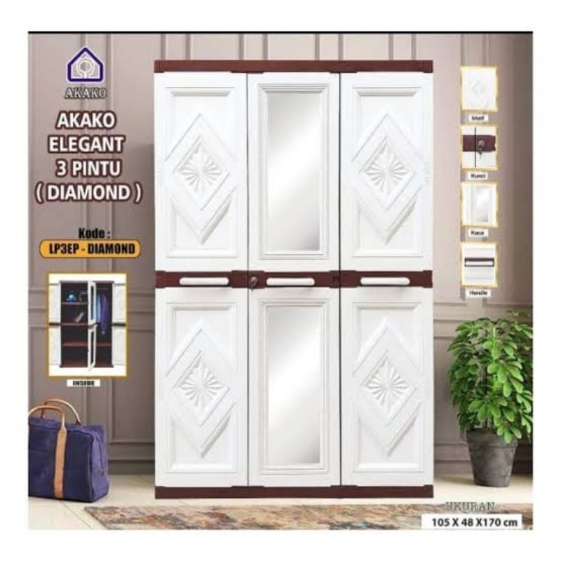 JUMBO LEMARI PLASTIK AKAKO ELEGANT 3 PINTU KACA LP3EP LEMARI GANTUNG KACA FULL KUNCI Akako - Lemari 