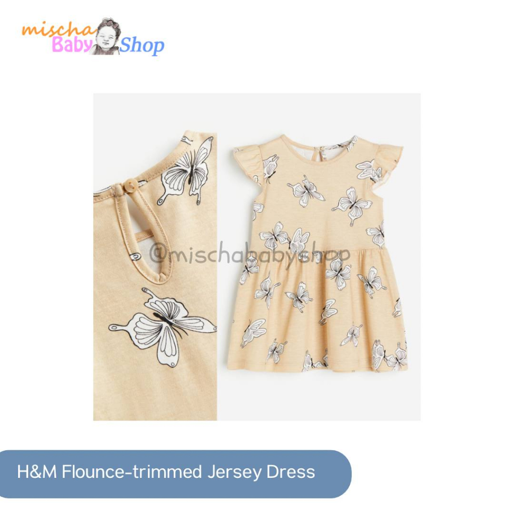 H&M Flounce-trimmed Jersey Dress Beige/Butterflies | Pakaian Anak Bayi Perempuan
