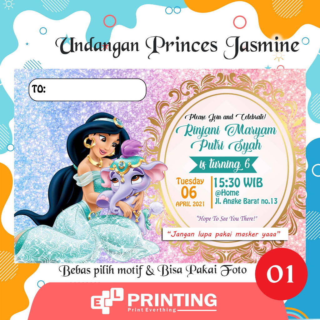 Undangan Ultah Princess Jasmine | Undangan Jasmine | Undangan ultah