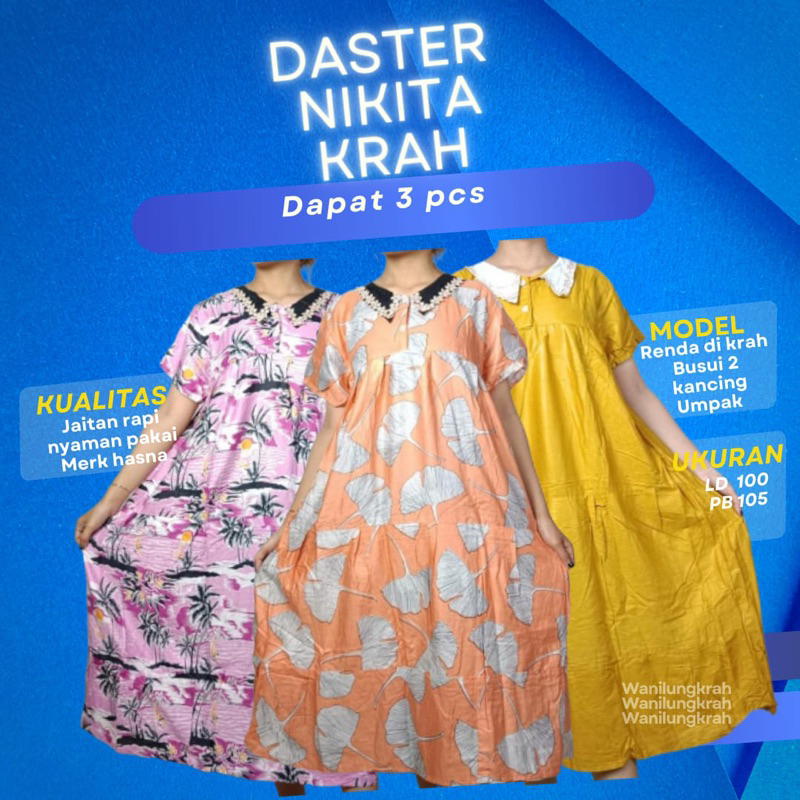 3Pcs Daster Nikita Kerah Viral[]Daster Busui Berkerah []Daster Susun Rayon
