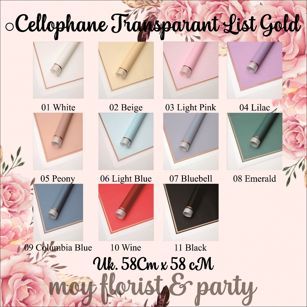 

(20 Lembar) Kertas Buket Cellophane Transparant list Rose Gold Border Flower Wrapping/Celophane Transparant list Rose Gold / Kertas Buket Transparant List Rose Gold