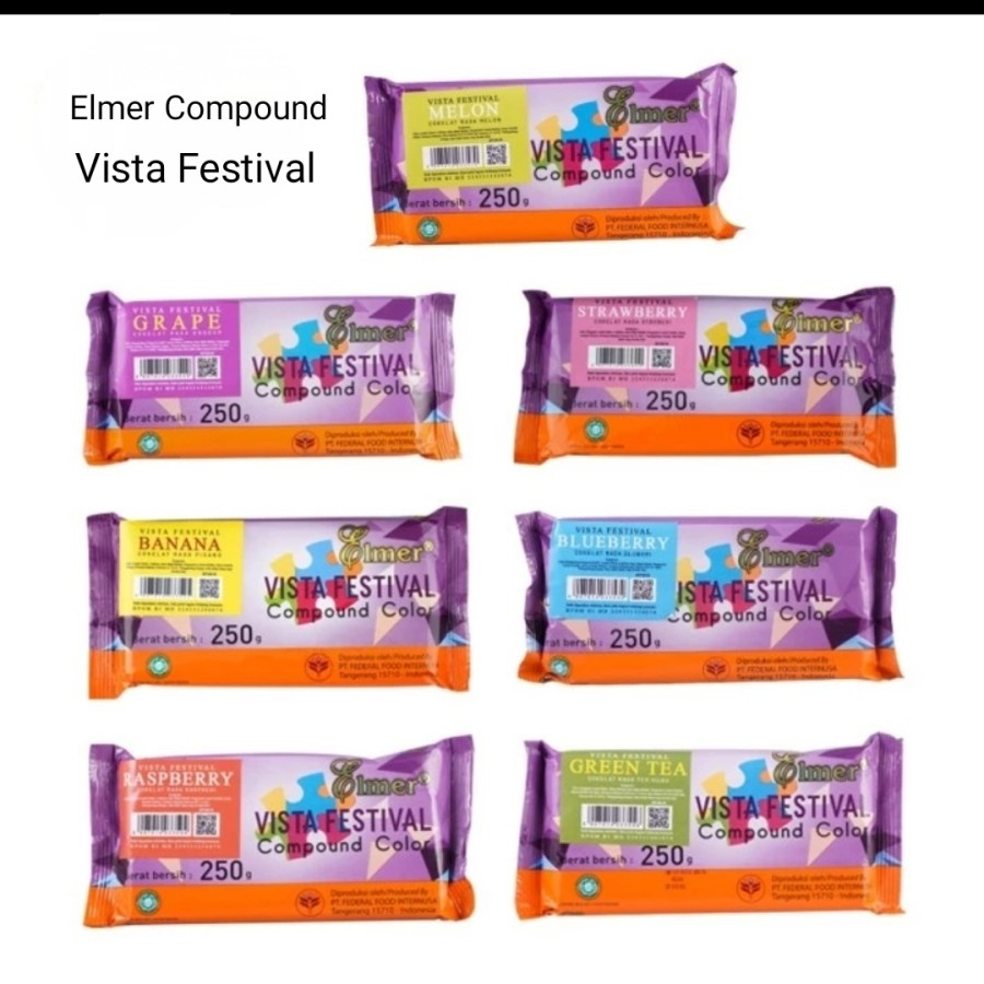 

Elmer Coklat Compound Vista 250g Coklat Blok Warna dan Rasa Banana Strawberry Raspberry Mellon