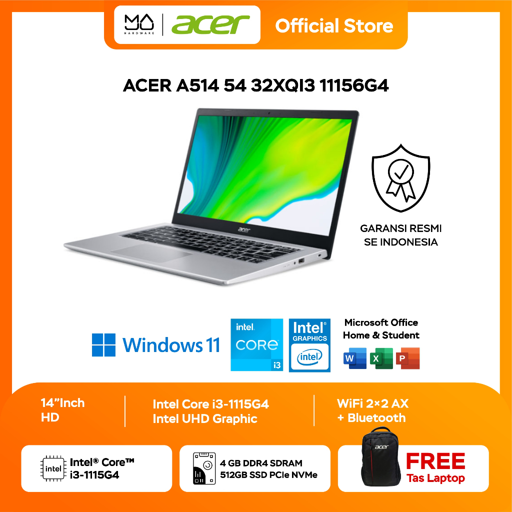 Laptop Acer A514-54-32XQ/I3-11156G4/SILVER/TANPA TAS