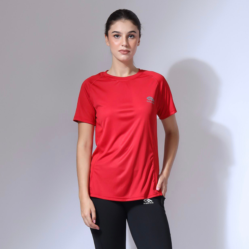 MANIAK Baju Olahraga Lengan Pendek Wanita Running Sprint Joging Lari Gym Fitnes Senam Bulutangkis Renang ( H.G 01 )