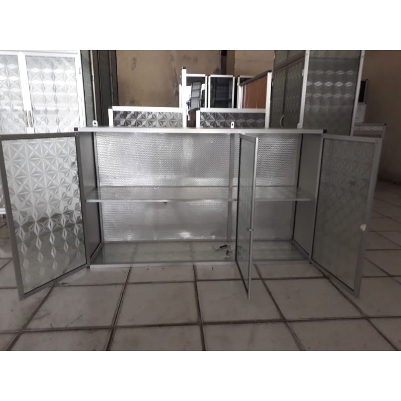 rak gantung lemari dapur kichen set atas alumunium kaca 3 pintu -putih