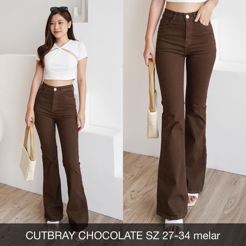 Celana highwaist cutbray strett wanita import celana jeans wanita kekinian celana jeans choco/putih 