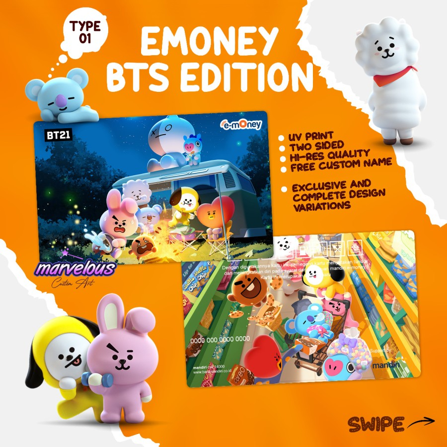 BRI Brizzi Custom / Mandiri Etoll E-toll Emoney E-money custom BTS / BT21 , 2sisi, saldo 0