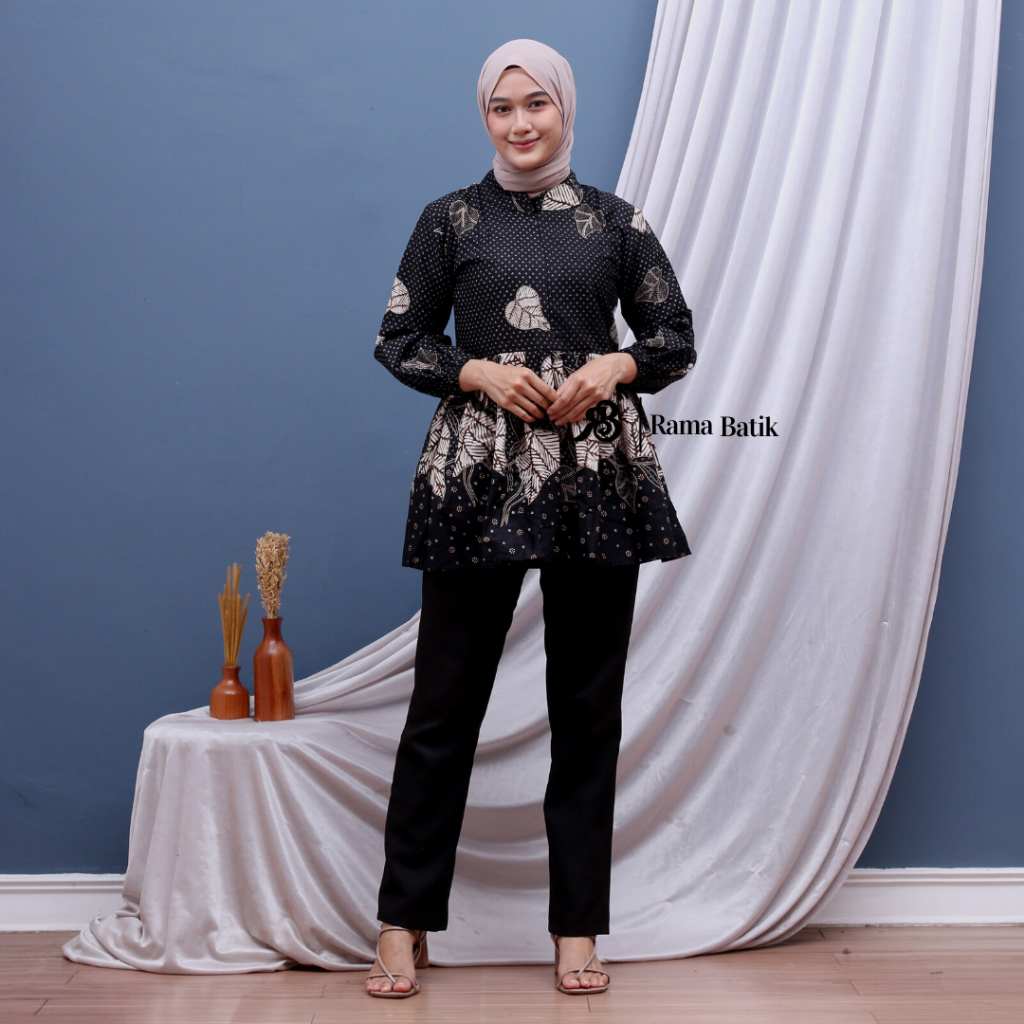 Batik Wanita Modern Baju Batik Wanita Lengan Balon Resleting Depan Seragam Kantor Motif Daun Jati