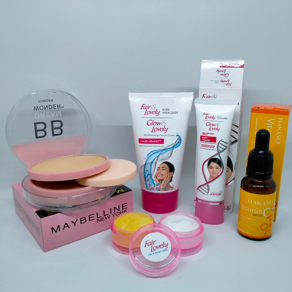 Paket 5in1 Fair&Lovely termurah Foam 50ml-Krim Siang Malam-Bedak Maybelline 2in1 Kemasan Pink-Pelemb