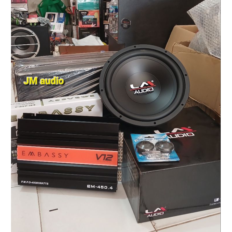 Paket audio mobil,power 4ch embaasy,sub 12in LM,box 12in,bonus twiteer