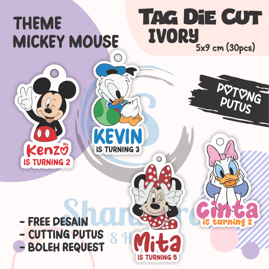 

(30pcs) Tag THEME MICKEY MOUSE ( TAG ONLY ) / Tag Hampers Ulang Tahun Anak / Gantungan Custom / Cutting DIE cut / Hangtag Hologram