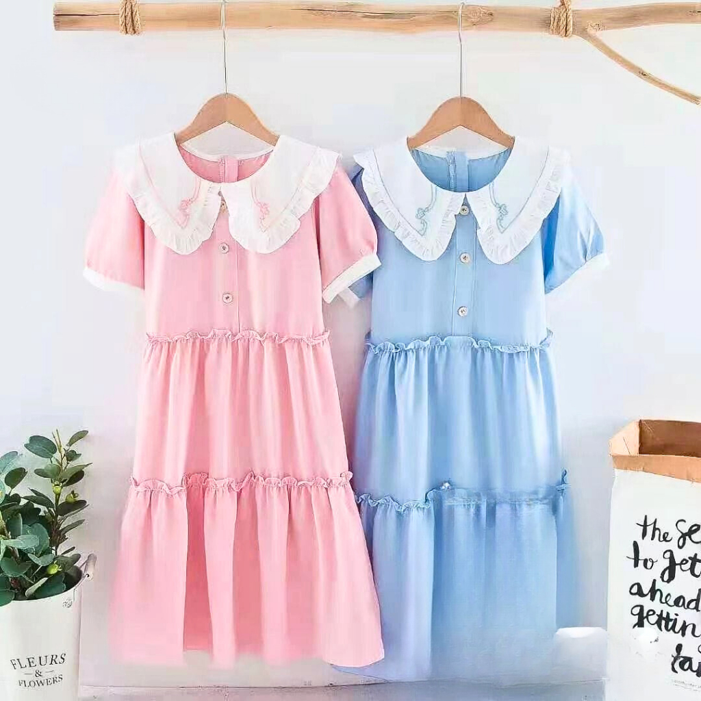 Dress Midi- Dress Midi Anak Perempuan Import Krah Bordir Usia 7-10 Tahun By finniekids