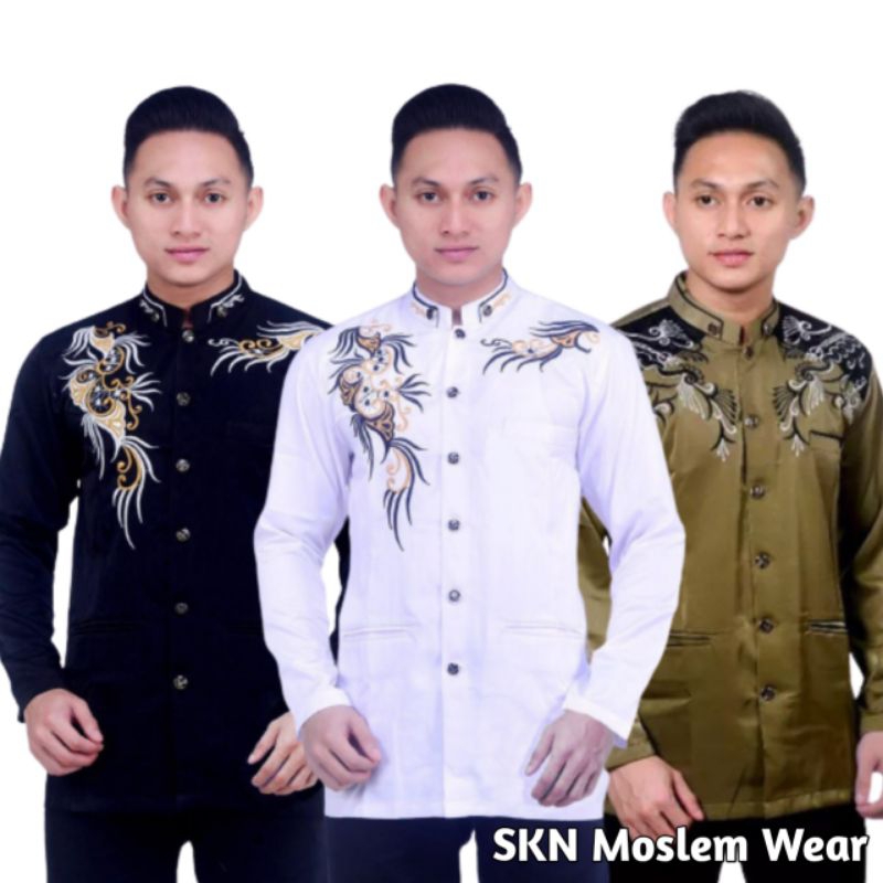 SKN Jasko Motif MERAK Koko Modern Semi Jas Bordir Timbul Baju Muslim Pria Modern Hitam Putih Olive S