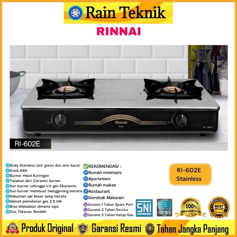 Kompor Gas Rinnai RI-602E Stainless (2 Tungku) / Kompor Gas Rumah Anti Gores Rinnai RI- 602 E/ Kompo