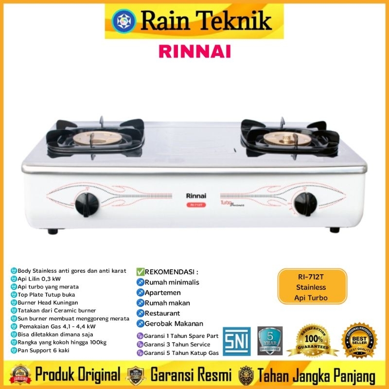 Kompor Gas Rinnai Turbo Burner RI-712T (2 Tungku) Turbo Api + Api Lilin / Kompor Gas Rumah Anti Gore