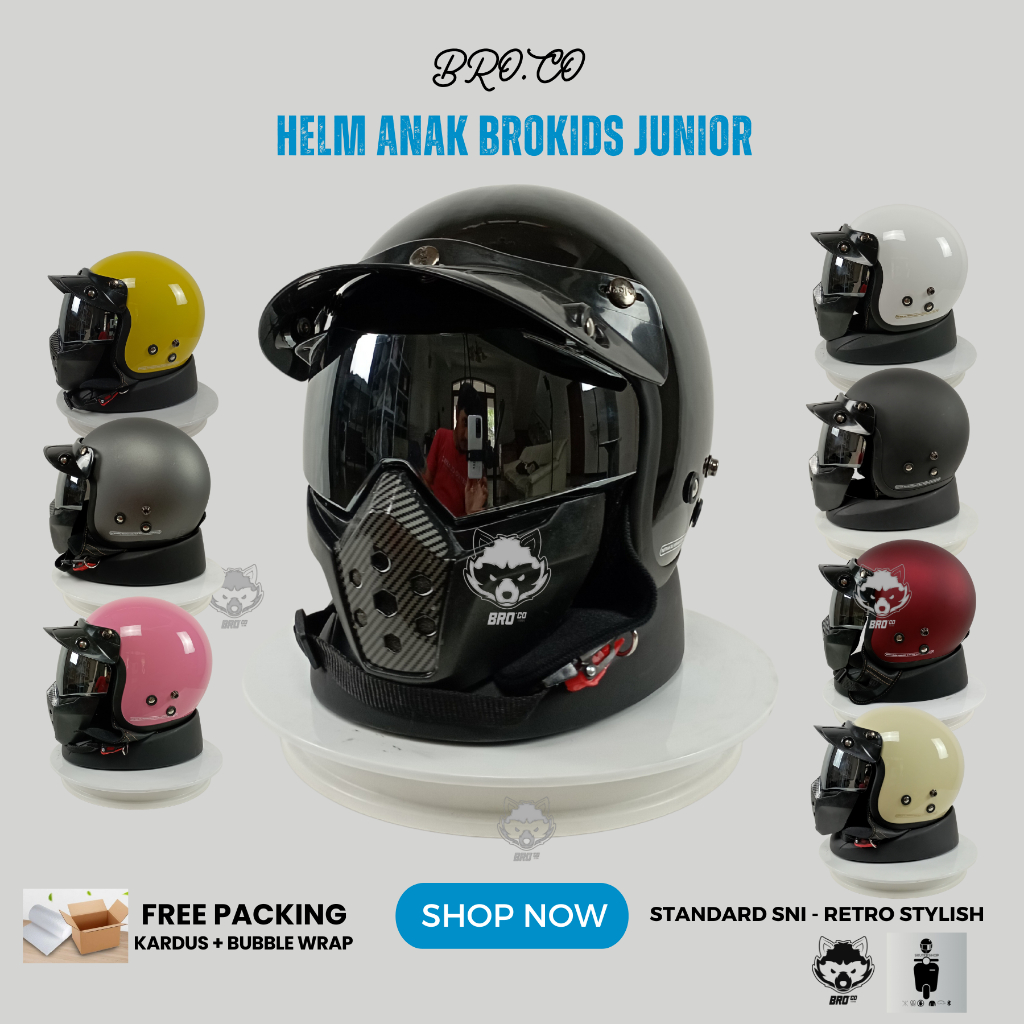 HELM ANAK HALF FACE RETRO BOGO KLASIK ANAK-ANAK PET GOGGLE MASKER ROBOT STANDARD SNI PREMIUM BROKIDS