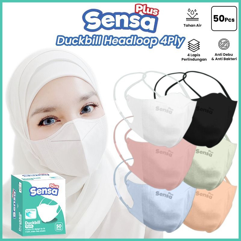 Masker Duckbill Hijab Headloop Sensa Plus 4ply 1 Box 50pcs KS