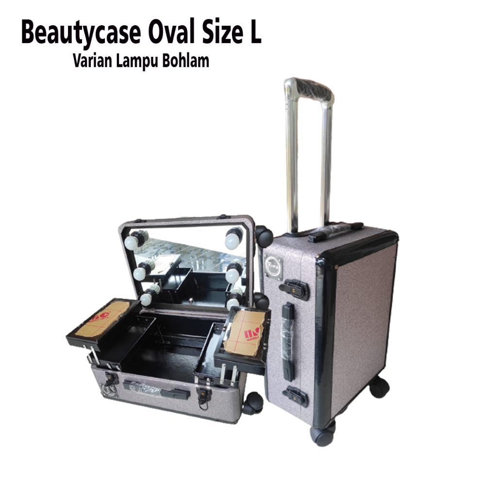 Beautycase Oval Size L - Lampu Tanam/Lampu Bohlam - Full Cermin - Beautycase Lokal - Koper Make Up -